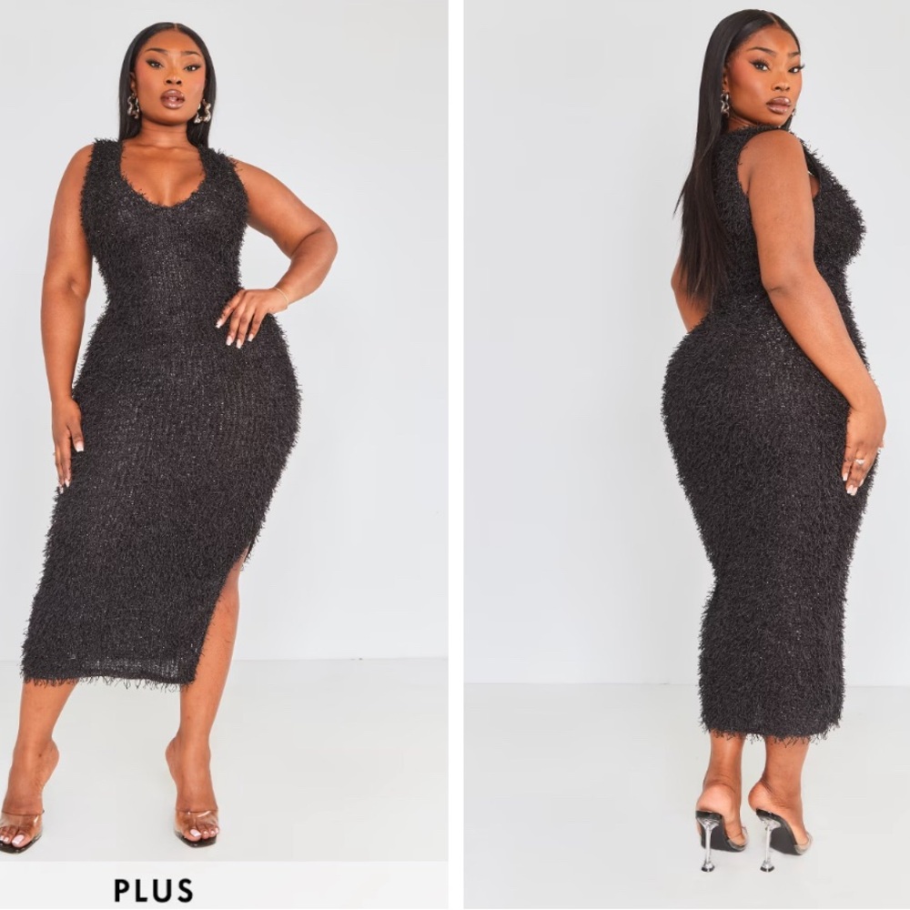 Plus Black Fluffy Glitter Side Split Midaxi Dress